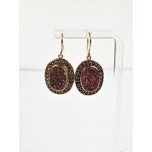 Oval Gold Tone Pink Druzy Dangle Earrings Signed NH